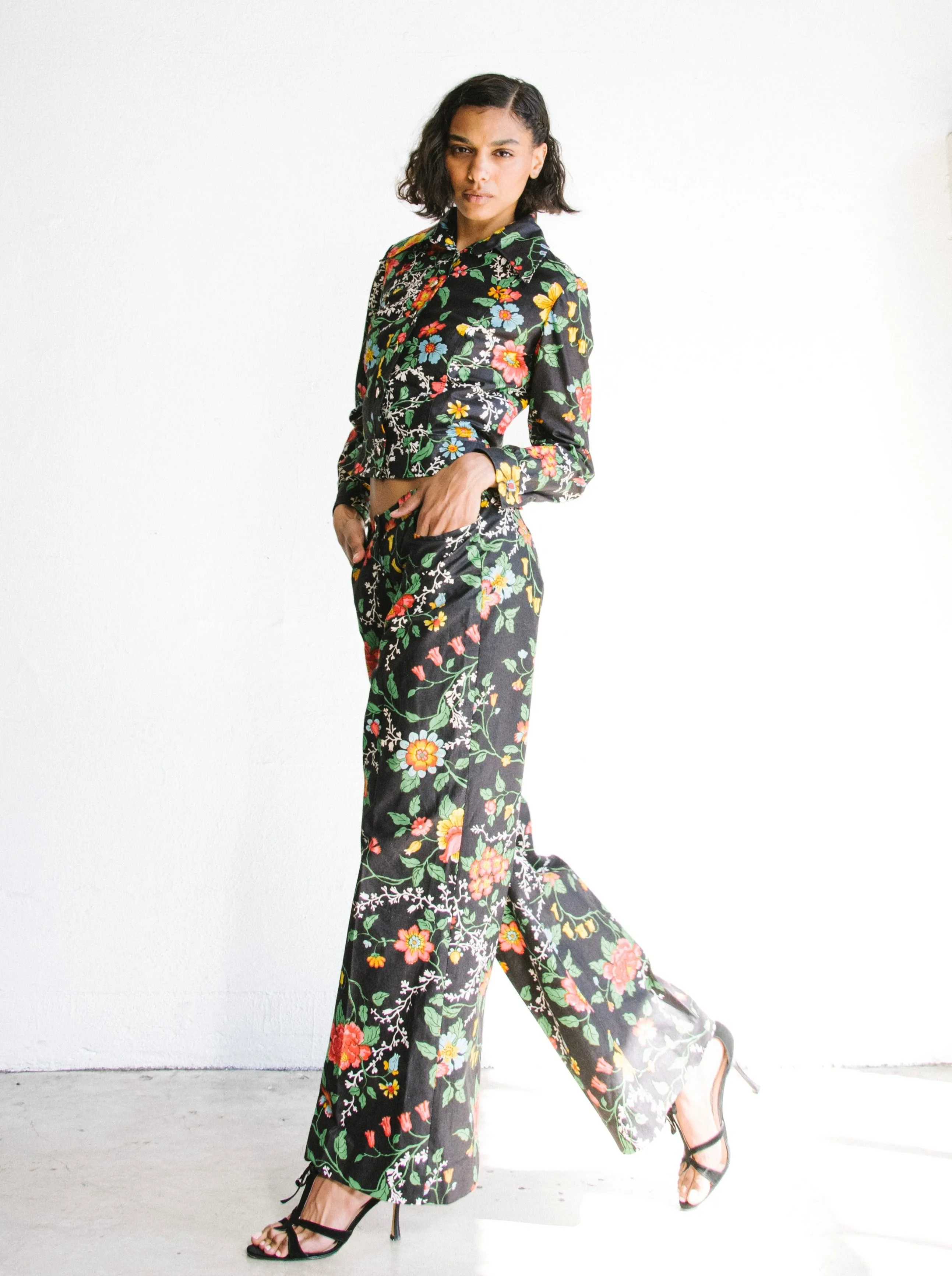 1970s Black Floral Cotton Suit