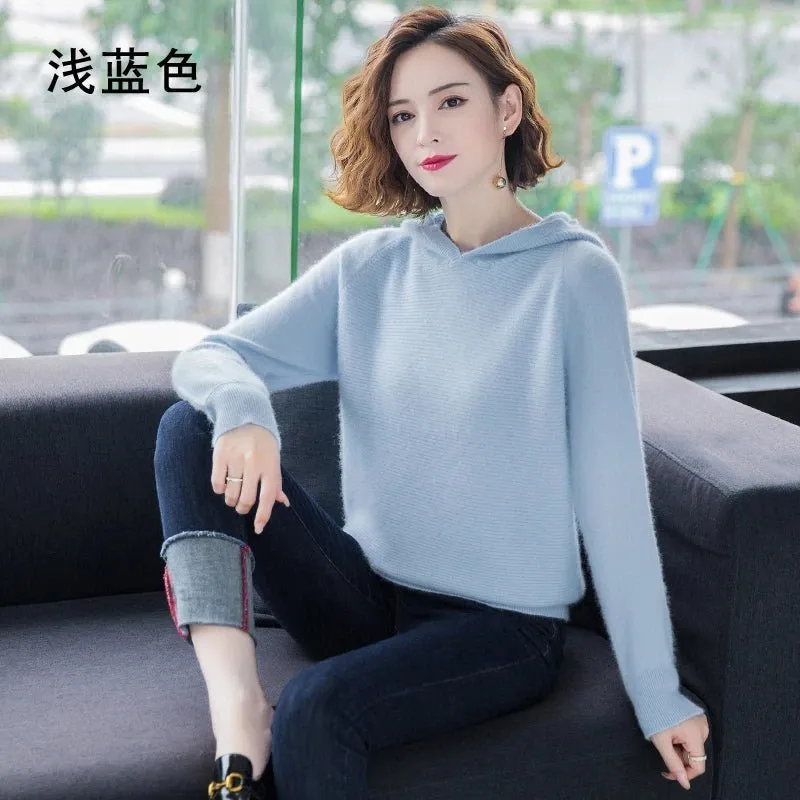 2024 Frühling Winter 100% reiner Nerz Kaschmir pullover Frauen gestrickt Kapuze warme Dame Klasse bis Pullover und Pullover weiche warme Tops