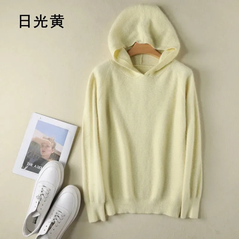 2024 Frühling Winter 100% reiner Nerz Kaschmir pullover Frauen gestrickt Kapuze warme Dame Klasse bis Pullover und Pullover weiche warme Tops