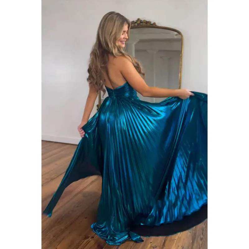 A-line Navy Blue Satin Criss Cross Halter Long Prom Dress Evening Gowns