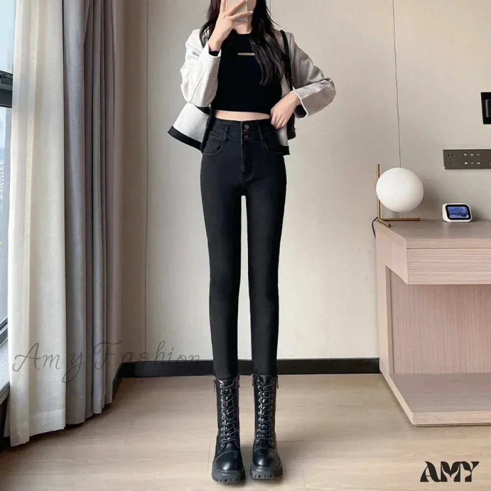 Amy Fashion - Winter Women Stretch Skinny Retro Patchwork Warm Thick Pencil Pants Slim Stretch Denim Trousers Jean
