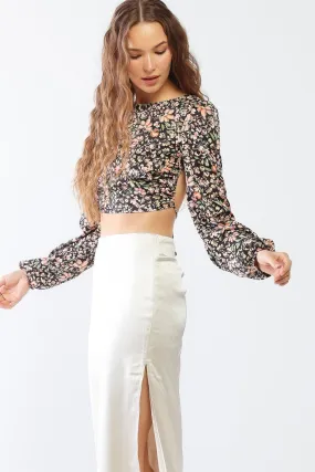 Black & Peach Floral Print Long Sleeve Criss-Cross Open Back Crop Top /1-2-2-1