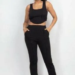 BOO corset tank top and jogger pants set.