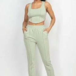 BOO corset tank top and jogger pants set.