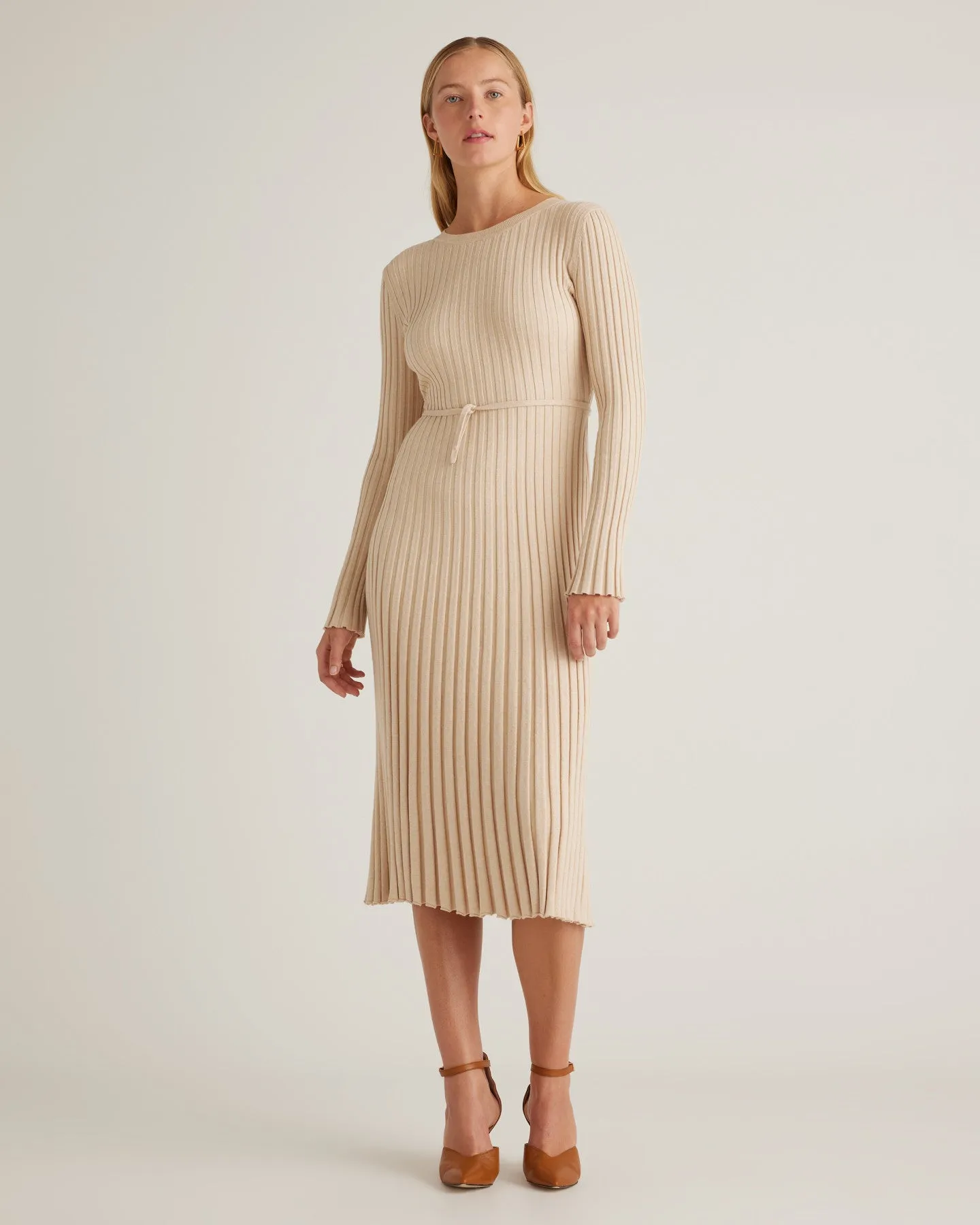 Cotton Cashmere Ribbed Long Sleeve Crew Midi Dress