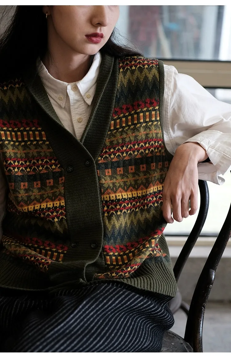 Fair Isle Pattern Australian Wool Jacquard Vest Sweater Cardigan