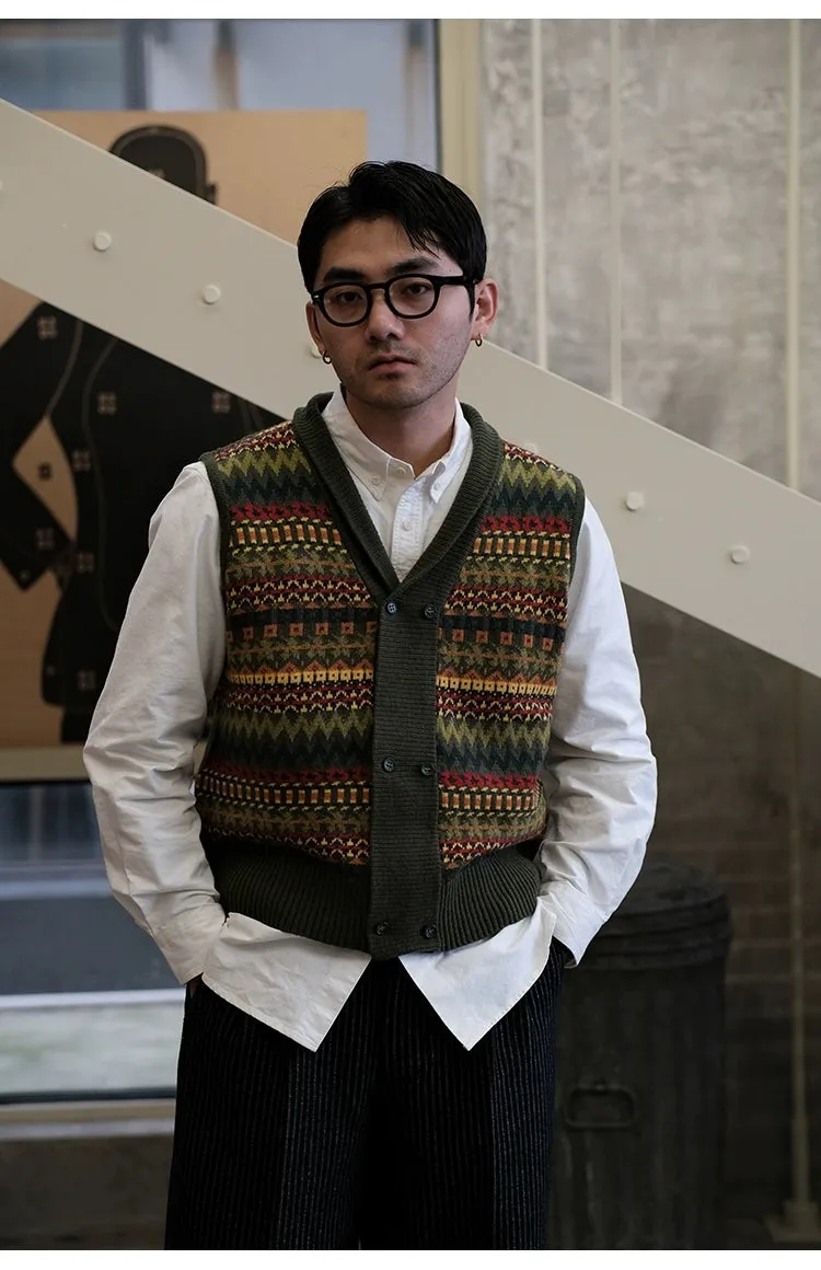 Fair Isle Pattern Australian Wool Jacquard Vest Sweater Cardigan
