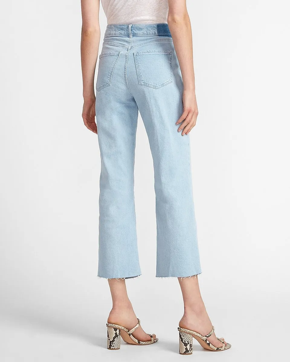High Waisted Raw Hem Cropped Wide Leg Jeans in Light Wash