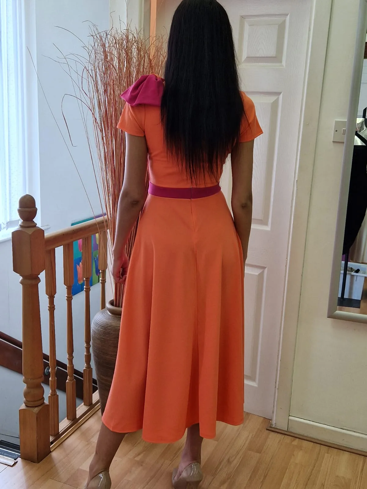 Kate Bow shoulder tea length dress in coral and fuchsia
