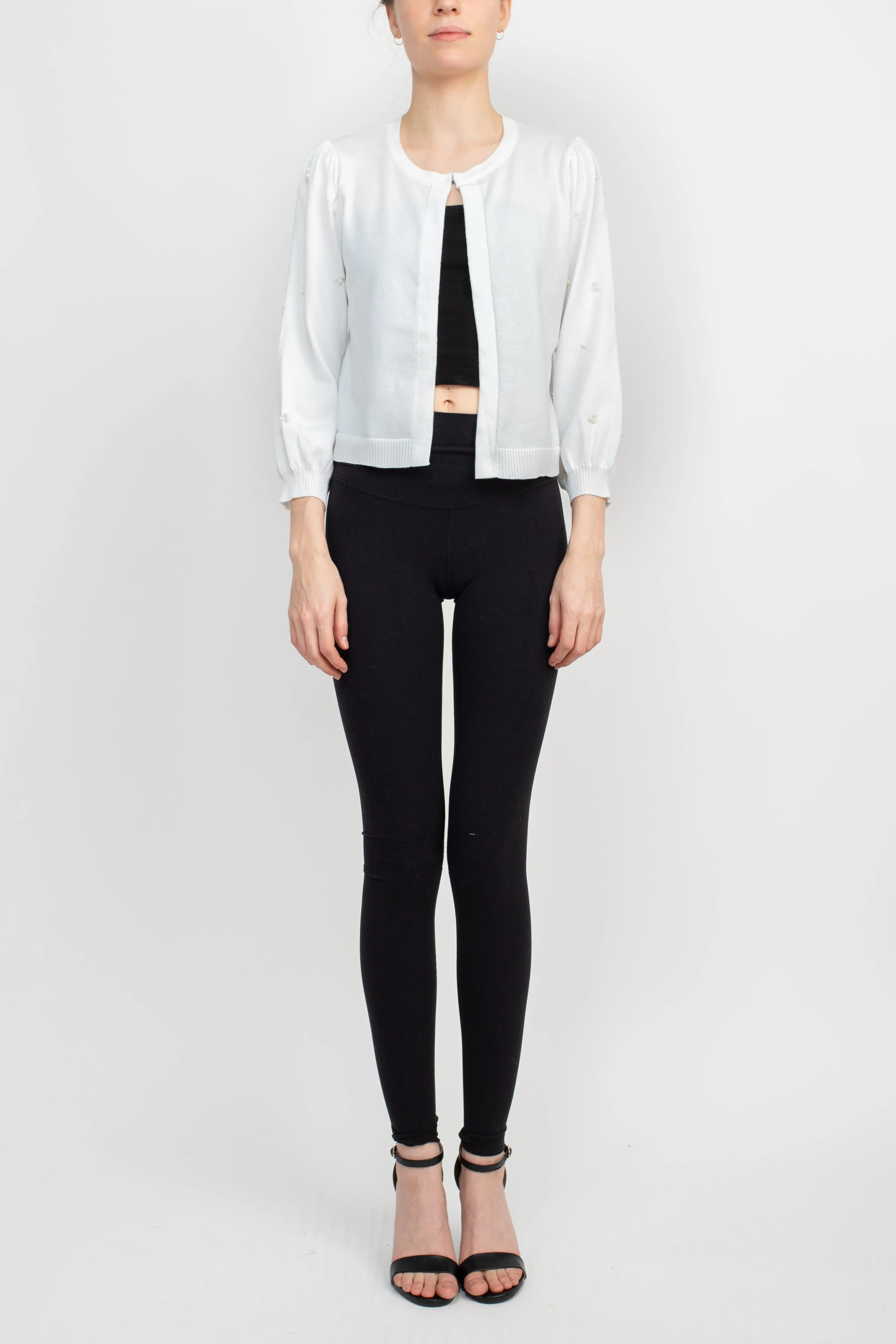 Nina Leonard Crew Neck Hook Closure 3/4 Bishop Sleeves Knit Jacket