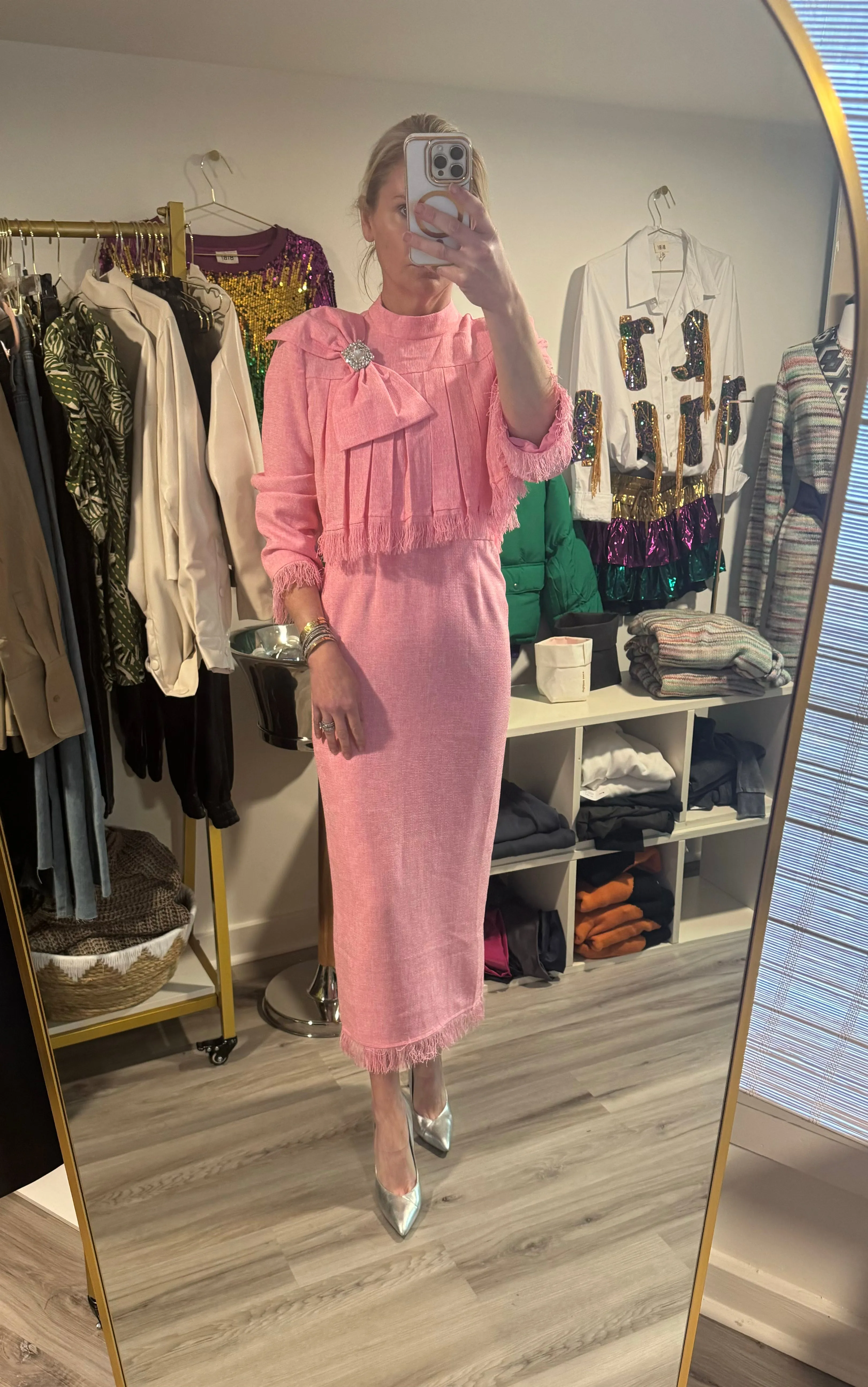 Pink Two Piece Skirt and Bow Jacket Set