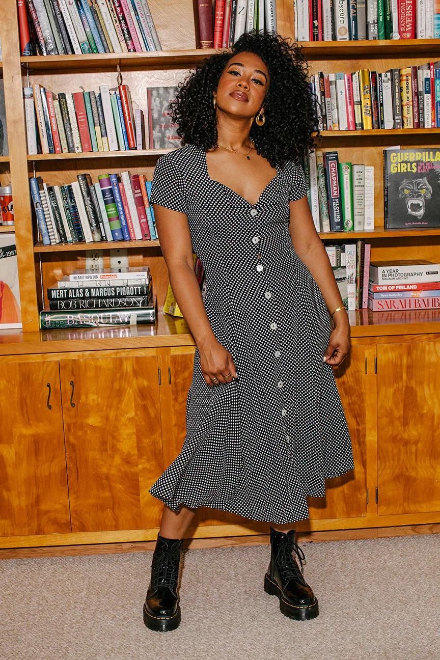PORTER Black and White Polka Dot Button Up Flowy Midi Dress