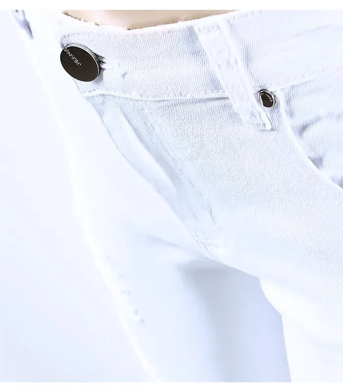 Pure White Distressed Stretch Denim Pants