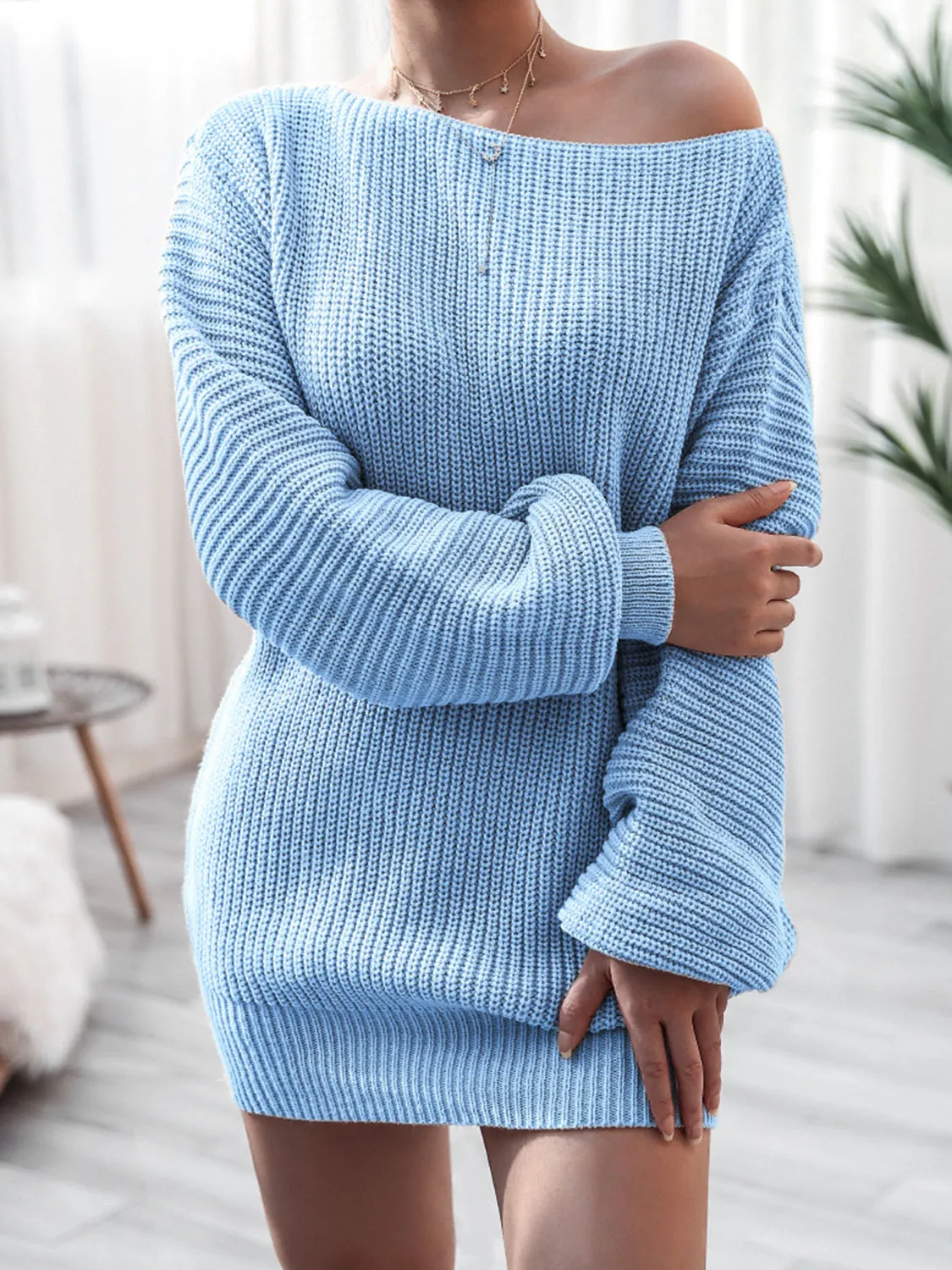 Stylish Rib-Knit Mini  Off Shoulder Sweater Dress